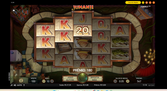 Grade do slot Jumanji exibindo pr&ecirc;mio em uma combina&ccedil;&atilde;o vitoriosa com s&iacute;mbolos de letras. 